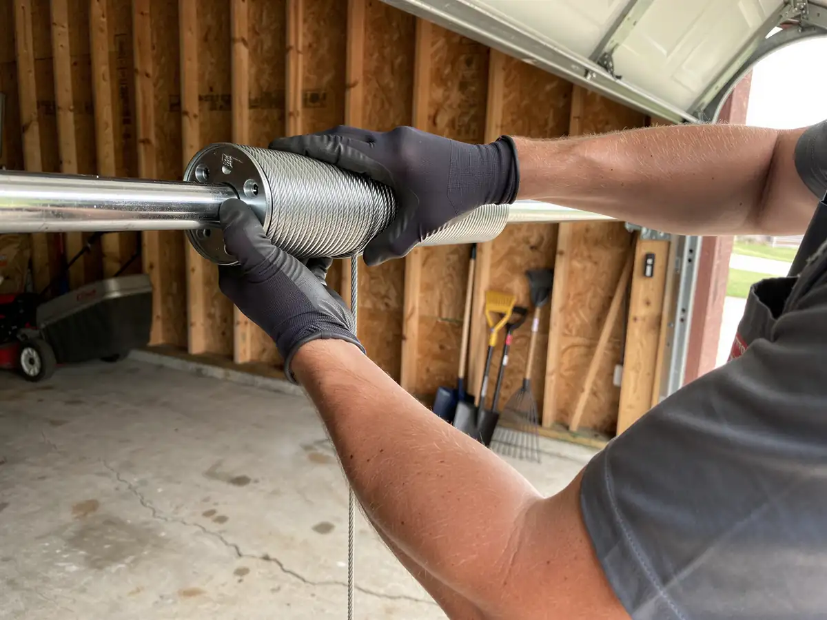A technician's gloved hands are installing a new torsion spring on a garage door.