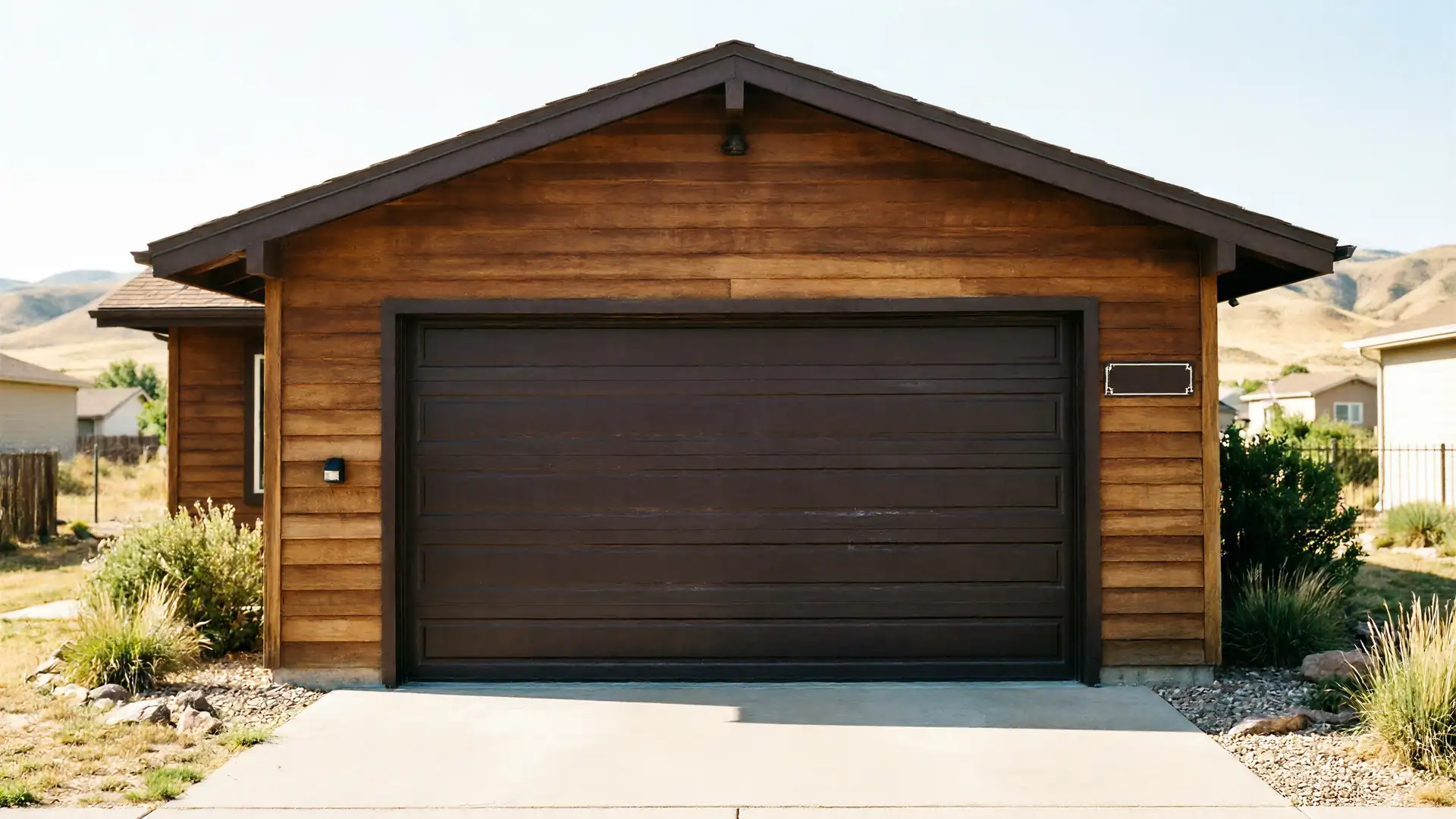 A brown garage door is on a wooden garage with a light-colored driveway.