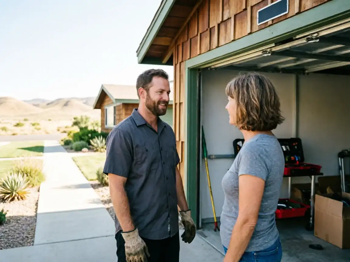 A technician wearing gloves talks to a woman in front of an open garage.