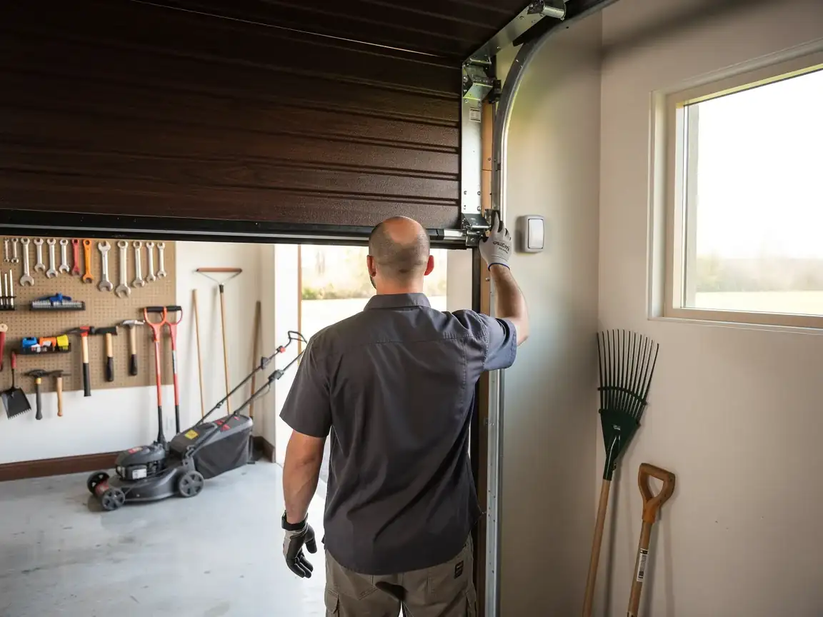 A technician adjusts the brown garage door track inside a garage.