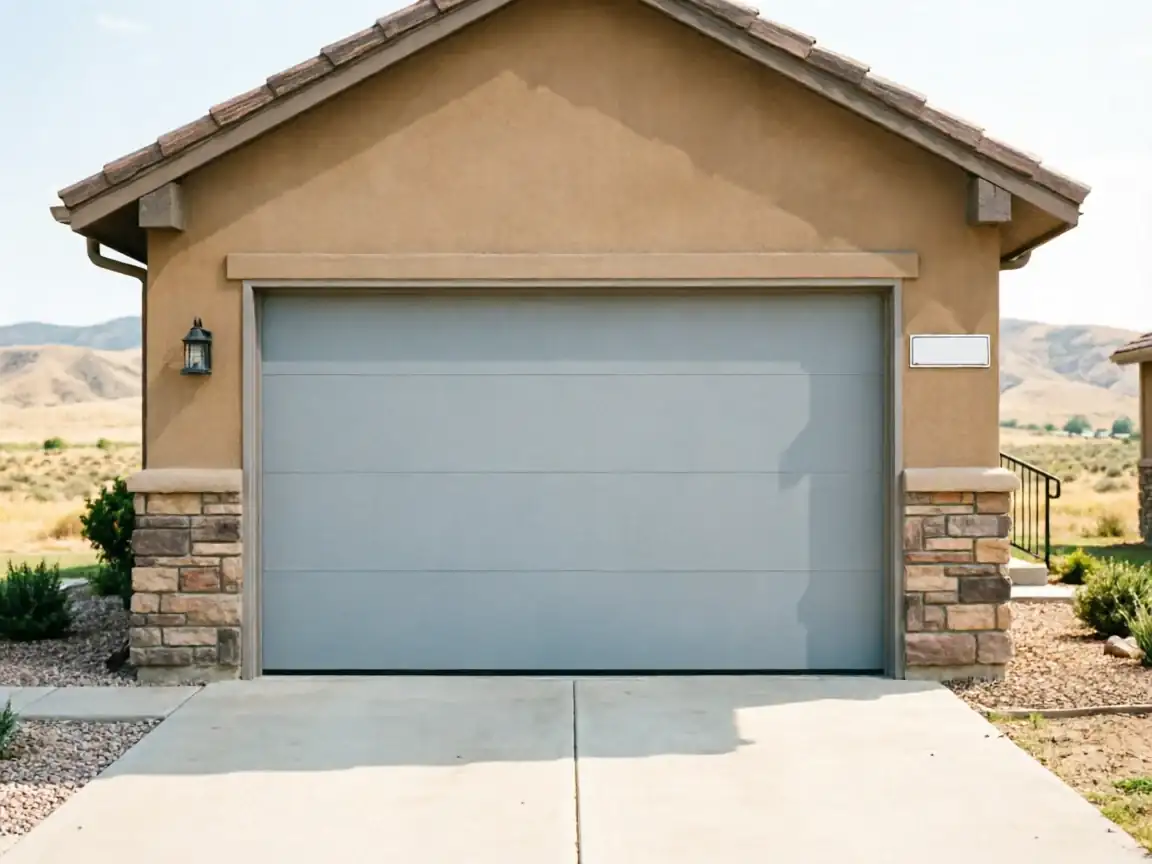 The house has a light gray garage door with a stone facade.