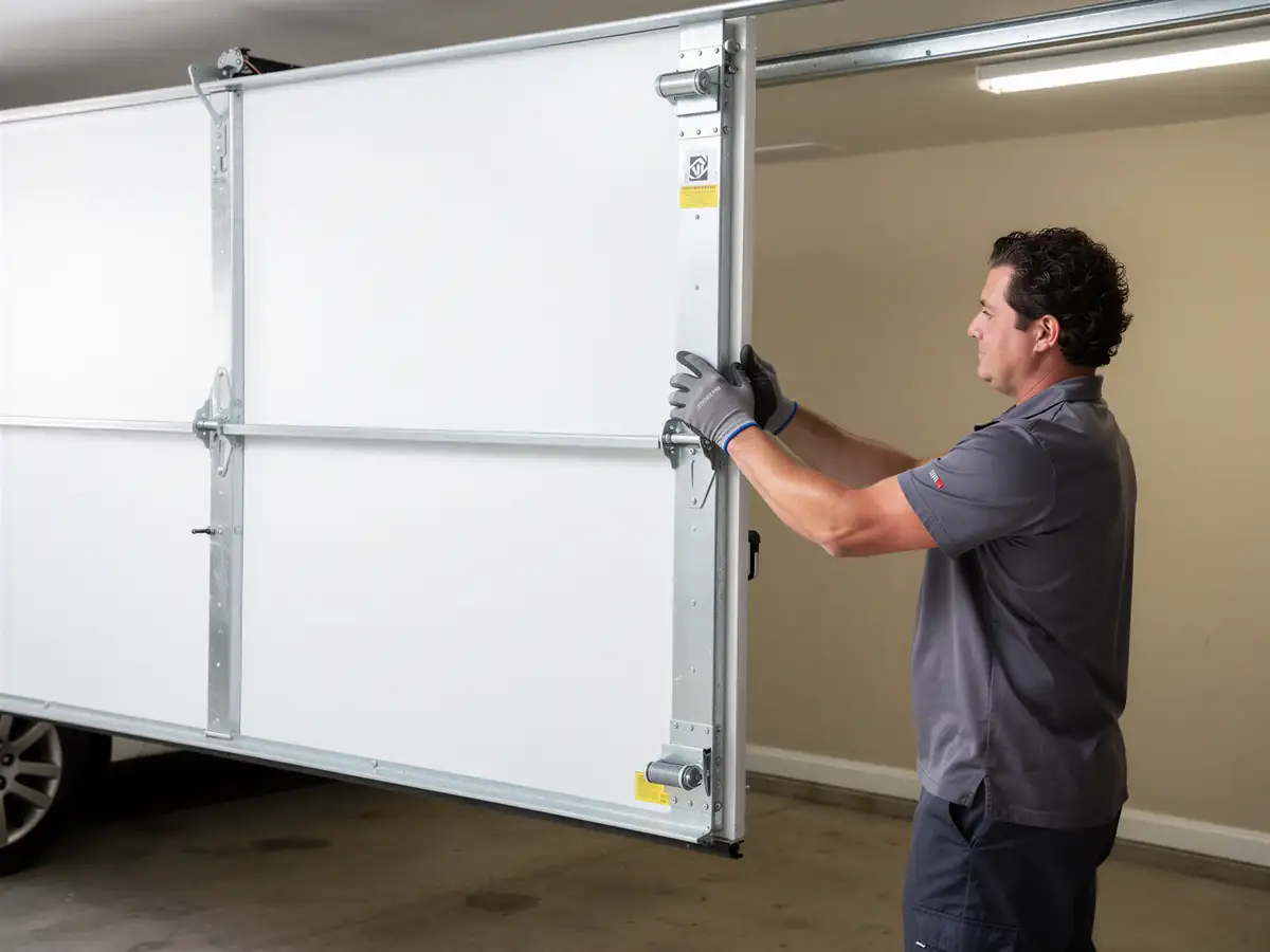 A technician in a gray shirt and gloves adjusts a white garage door.