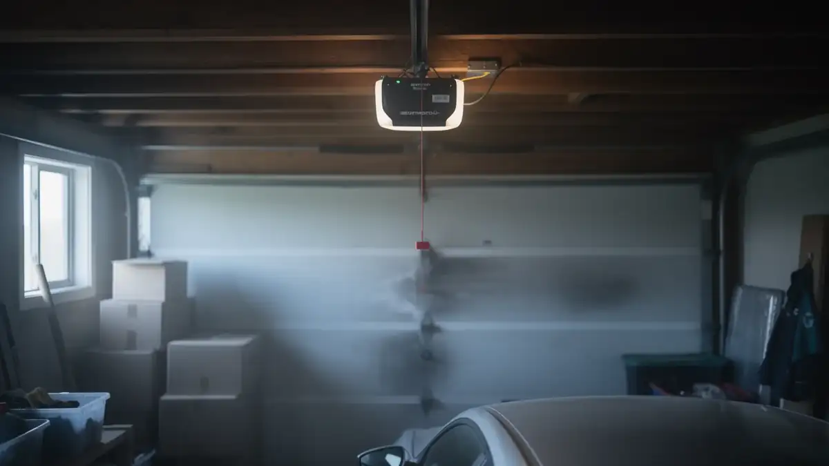 A garage door opener with an illuminated light hangs above a closed garage door.